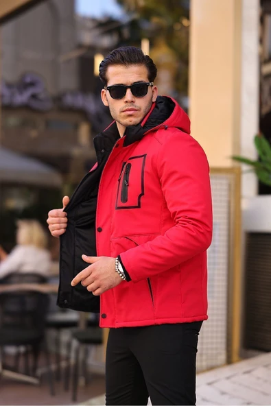 Mero Life Outdoor Kapüşonlu Su Ve Rüzgar Geçirmez Kapitone Içi Kürklü Elyaflı Şişme Kırmızı Softshell Mont