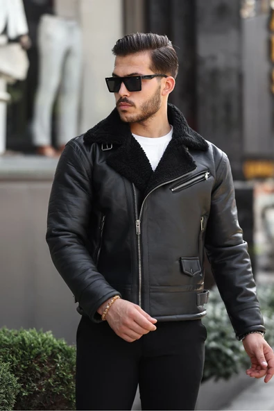 Mero Life Erkek Napa Deri Çapraz Fermuarlı İçi Full Kürklü Yüksek Kalite Slim Fit Siyah Mont & Ceket