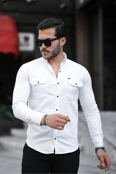 Mero Life Erkek Beyaz Slim Fit Dar Kesim Kot Gömlek