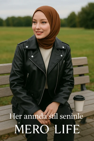 Mero Life Kadın Siyah İçi Kürklü Yeni Sezon Biker Cool & Casual Deri Ceket