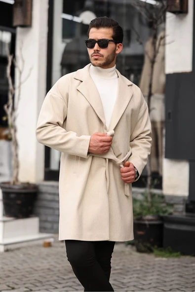 Mero Life Erkek Bej Kemerli Oversize Rahat Kesim Kaşe Kaban - 3