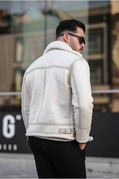 Mero Life Erkek Napa Deri Içi Full Kürklü Yüksek Kalite Slim Fit Beyaz Mont & Ceket - 6