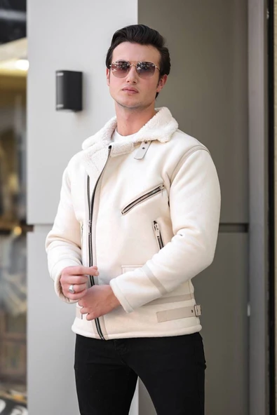 Mero Life Erkek Napa Deri Içi Full Kürklü Yüksek Kalite Slim Fit Beyaz Mont & Ceket - 5