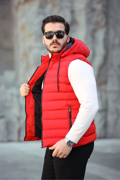 Mero Life Erkek Kırmızı Standart Fit Çıkarılır Kapüşonlu Cepli Fermuarlı Şişme Yelek - 2