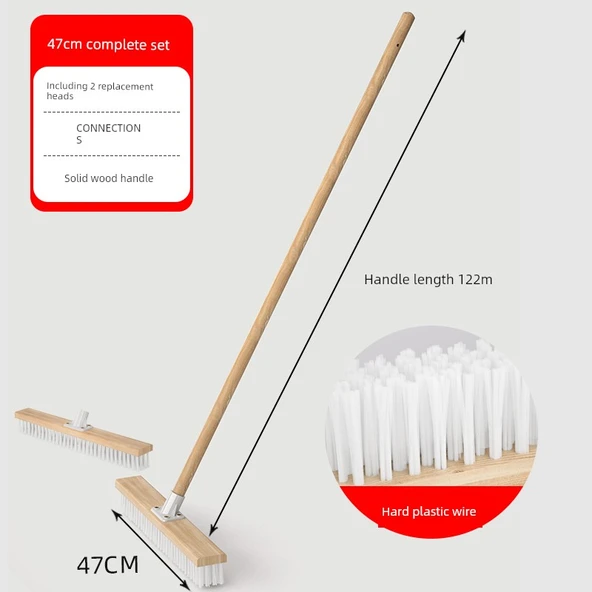 Çelik Telli Yer Fırçası - 47cm 2 Fırça Başlıklı + Bağlantı Parçası + Ahşap Saplı Set