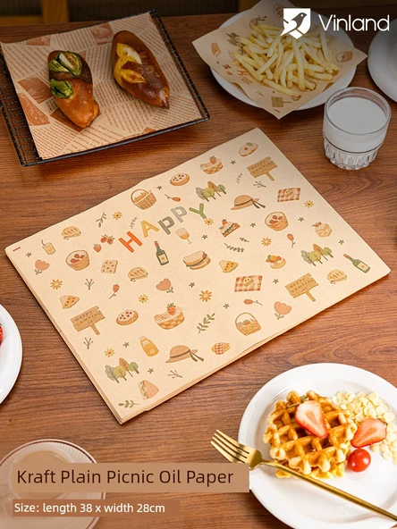 Yağ Emici Barbekü Kağıdı - 38x28 Kraft El Çizimi Piknik Deseni 50 Adet