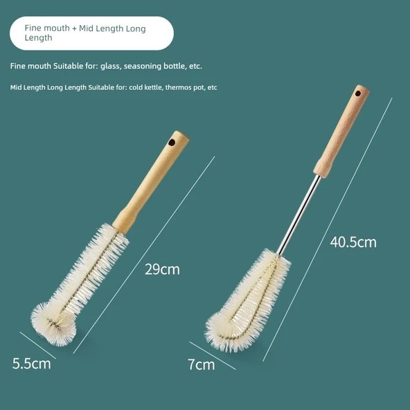 Mutfak Bardak Fırçası - İnce Ağızlı 29cm + Orta Boy 40.5cm Ahşap Saplı