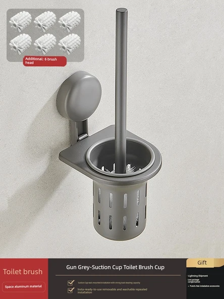 WC Fırçası Seti - Metalik Gri Vantuzlu [6 Fırça Başlıklı]
