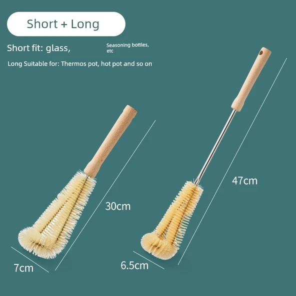 Mutfak Bardak Fırçası - Kısa 30cm + Uzun 47cm Ahşap Saplı