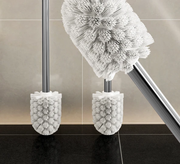 WC Fırçası Seti - Krom Kaplama Paslanmaz Çelik 35cm +3 Beyaz Başlık - 11