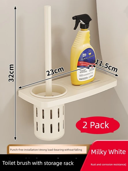 WC Fırçası Seti - Süt Beyazı 2'li, Saklama Hazneli (Yapıştırmalı)