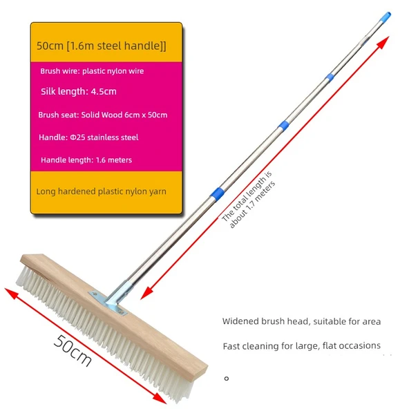 Uzun Saplı Yer Fırçası - 50cm Sert Plastik Fırça - 1.6m Paslanmaz Çelik Sap