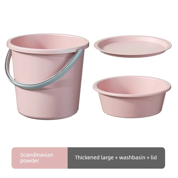 3 Parça Set: Büyük Boy Çamaşır Kovası + Leğen + Kapak - Pembe