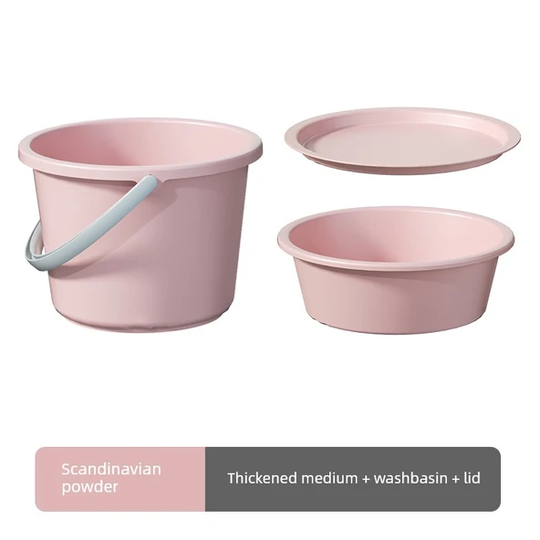 3 Parça Set: Orta Boy Çamaşır Kovası + Leğen + Kapak - Pembe