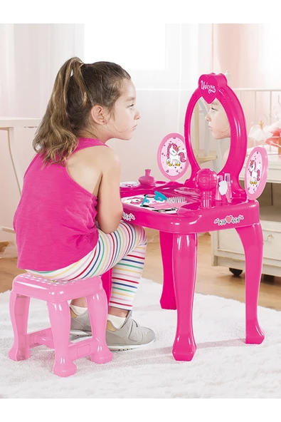 BARBİE UNİCORN AYAKLI MAKYAJ MASASI VE SANDALYE SETİ TEK BOYNUZLU AT MAKYAJ VE GÜZELLİK SETİ - 3