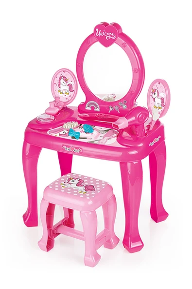 BARBİE UNİCORN AYAKLI MAKYAJ MASASI VE SANDALYE SETİ TEK BOYNUZLU AT MAKYAJ VE GÜZELLİK SETİ