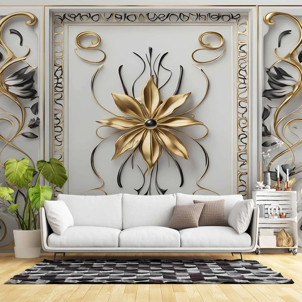 3D Beyaz Panel Altın Çiçek Siyah İnci Duvar Kağıdı Baskı