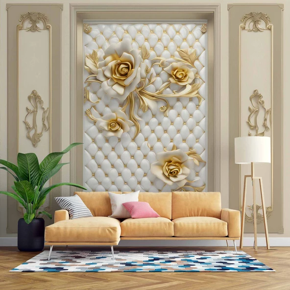3D Ahşap Panel Altın Gül Duvar Kağıdı Baskı