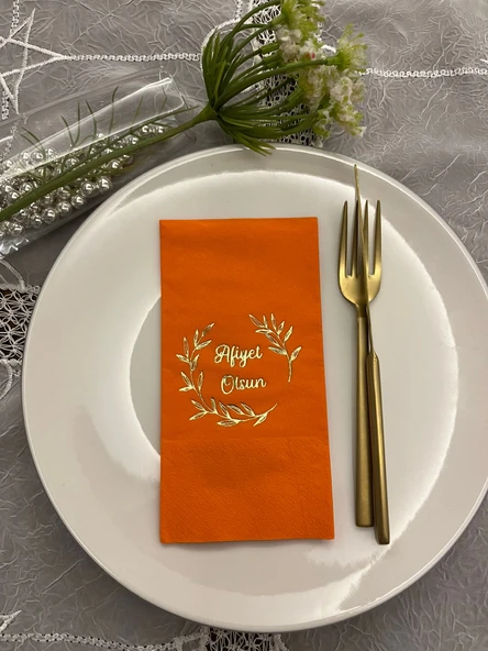 Gold Yaldızlı Turuncu Afiyet Olsun Çiçekli Çelenk Garson Peçete 16 Adet ürün görseli 1