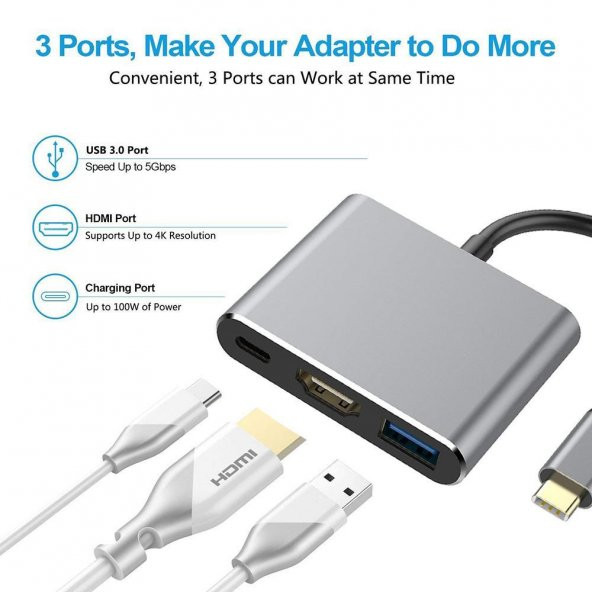PrimeX PX-SW-U515 Gri Metal Type-C to 4K HDMI + USB 3.0 + PD şarj Çevirici Adaptör - 5
