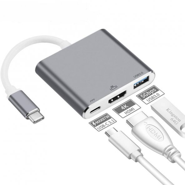 PrimeX PX-SW-U515 Gri Metal Type-C to 4K HDMI + USB 3.0 + PD şarj Çevirici Adaptör - 6