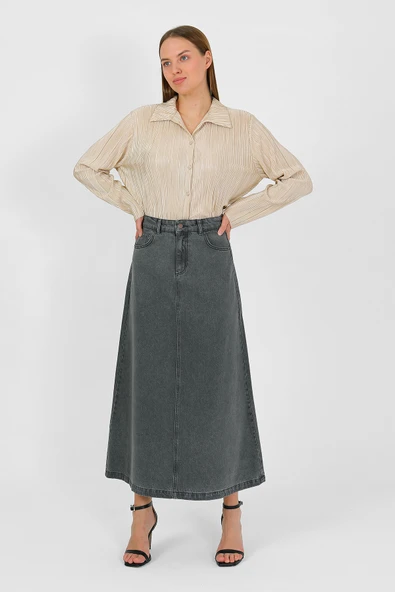 YÜKSEK BEL A KESİM DENİM ETEK - 10