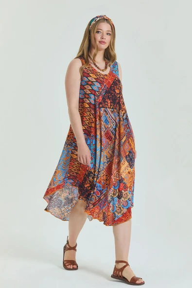 Kayık Yaka Kolsuz Büyük Beden Elbise - Resim 6