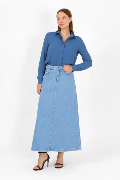 YÜKSEK BEL A KESİM DENİM ETEK - 5