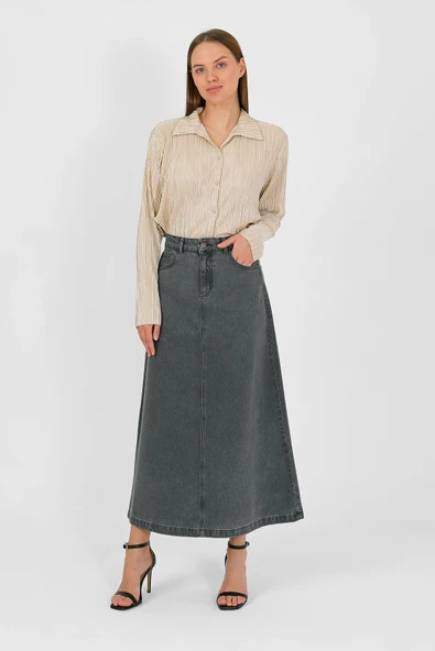 YÜKSEK BEL A KESİM DENİM ETEK - 11