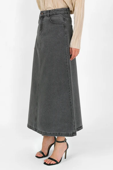 YÜKSEK BEL A KESİM DENİM ETEK - 9