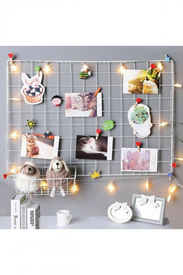 Beyaz Set Sepet ve Tel Pano + 5 Mandallı Fotoğraf Askılığı
