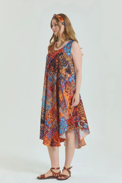 Kayık Yaka Kolsuz Büyük Beden Elbise - Resim 3