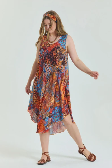 Kayık Yaka Kolsuz Büyük Beden Elbise - Resim 2