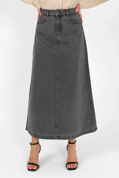 YÜKSEK BEL A KESİM DENİM ETEK - 8