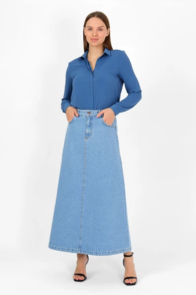 YÜKSEK BEL A KESİM DENİM ETEK - 4