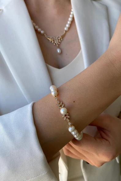 6,5 mm Zirkon Taşlı Doğal İnci Bileklik - 6