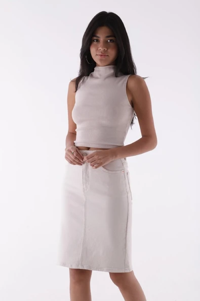 Orta Boy Klasik Tarzlı Cepli ve Astarsız Normal Belli Kadın Kot Etek Bej- Naturel Denim - 4