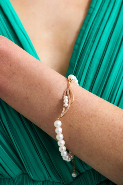 6,5 mm Yaprak Taşlı Doğal İnci Bileklik - Resim 2