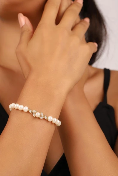 6,5 mm Yaprak Taşlı Doğal İnci Bileklik