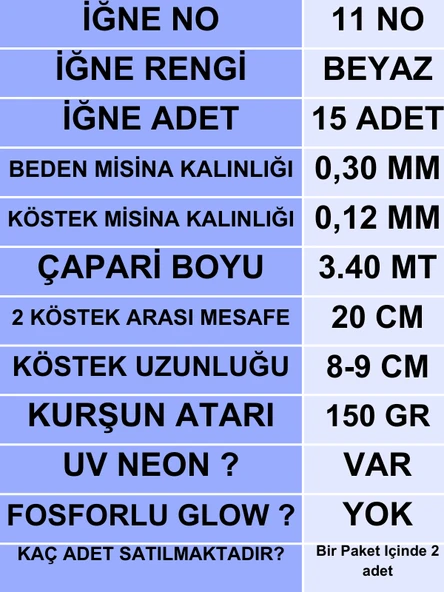 Eagenset Çapari, İstavrit Çaparisi, 30x12 Beden, Ultraviyole Uv Neon Seçenekli 11 No Beyaz İğne, 15 İğneli 2li Paket - Resim 3
