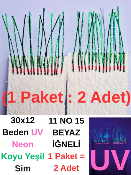 Eagenset Çapari, İstavrit Çaparisi, 30x12 Beden, Ultraviyole Uv Neon Seçenekli 11 No Beyaz İğne, 15 İğneli 2li Paket ürün görseli 1