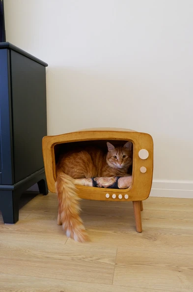 Kedi Evi Ahşap Retro TV Dekoratif Kedi Evi İç Mekan Kediler için - 3