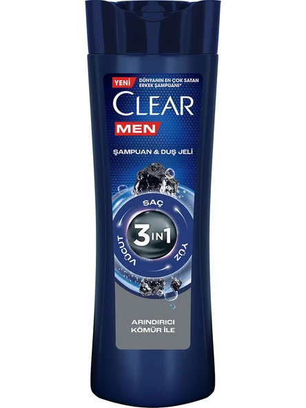 Clear Men Şampuan & Duş Jeli 3'ü 1 Arada Vücut Saç Yüz Arındırıcı Kömür İle 350 Ml