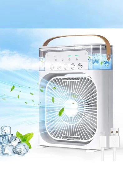 Glr HR001 Beyaz Buzlu Vantilatör Mini Fan 5 Spreyli Su Püskürtmeli 600 ML Buhar Makinesi Nemlendirici Mini Klima