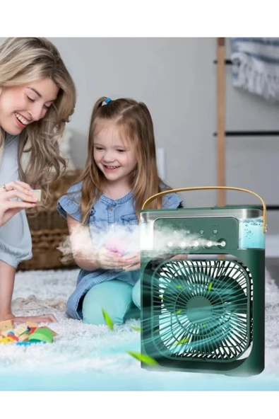 Glr HR001 Yeşil Buzlu Vantilatör Mini Fan 5 Spreyli Su Püskürtmeli 600 ML Buhar Makinesi Nemlendirici Mini Klima - 4