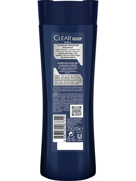 Clear Men Şampuan & Duş Jeli 3'ü 1 Arada Vücut Saç Yüz Arındırıcı Kömür İle 350 Ml - 7