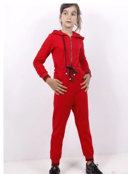 Toontoy Kız Çocuk Kapüşonlu Fermuarlı Cepli Örme Uzun Kol Uzun Tulum - Bağcık Detaylı & 2 İplik