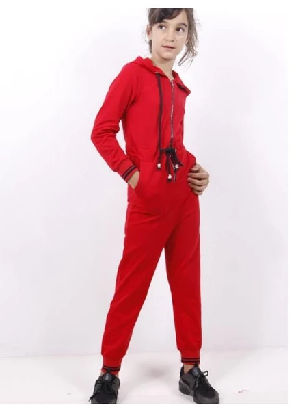 Toontoy Kız Çocuk Kapüşonlu Fermuarlı Cepli Örme Uzun Kol Uzun Tulum - Bağcık Detaylı & 2 İplik - 2