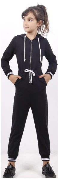 Toontoy Kız Çocuk Kapüşonlu Fermuarlı Cepli Örme Uzun Kol Uzun Tulum - Bağcık Detaylı & 2 İplik - 4