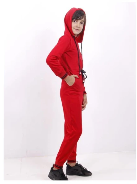 Toontoy Kız Çocuk Kapüşonlu Fermuarlı Cepli Örme Uzun Kol Uzun Tulum - Bağcık Detaylı & 2 İplik - 5